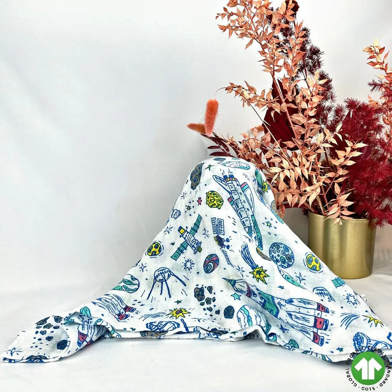 Baby Muslin Swaddle Wrap Spaceship - 100% Certified Organic Cotton YAG Boutique