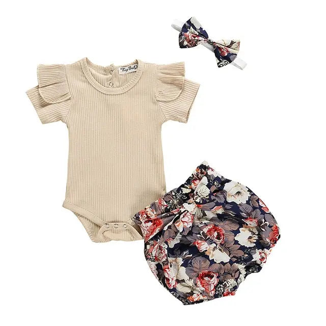 3pcs/Set Flower Short Sleeve Top & Short Pants for Baby Girls 0-24M Yesy All Goods
